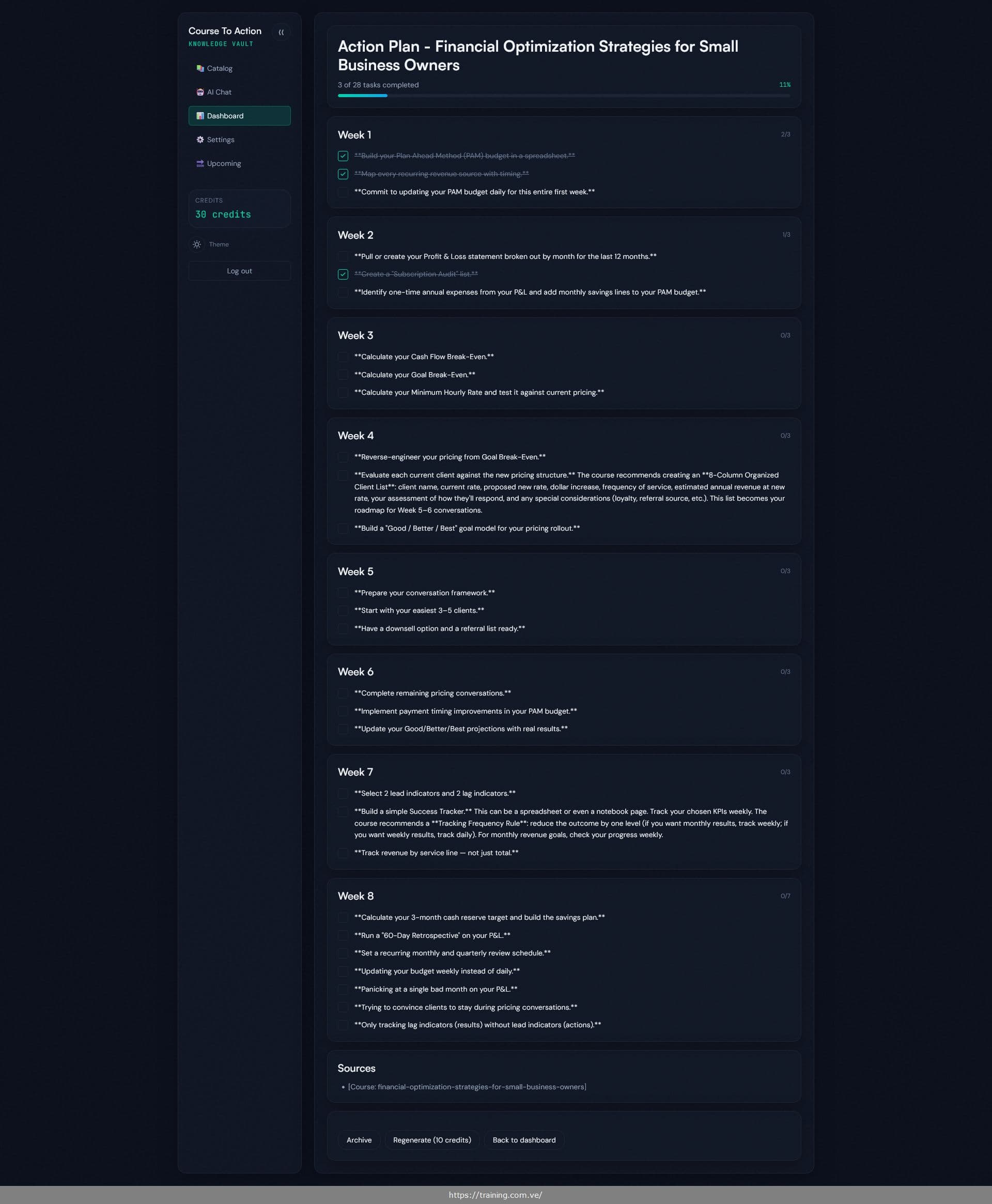 Interactive week-by-week action plan with checkable tasks