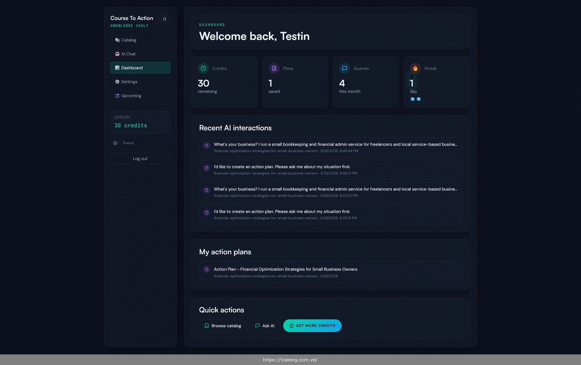 Your personal dashboard — track streaks, action plans, and AI interactions